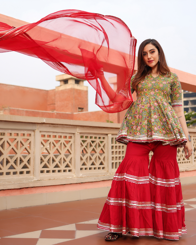 Sward Green Handblock Sharara Set