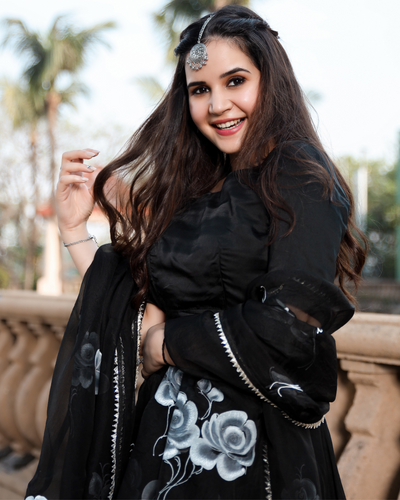 Black Rose Handpainted Pure Organza Lehenga Set