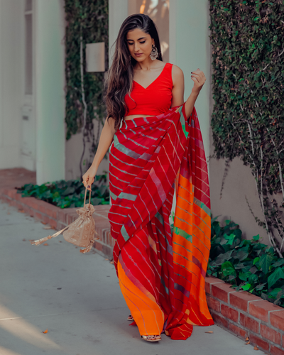 Jester Red Leheriya Pure Chiffon Saree