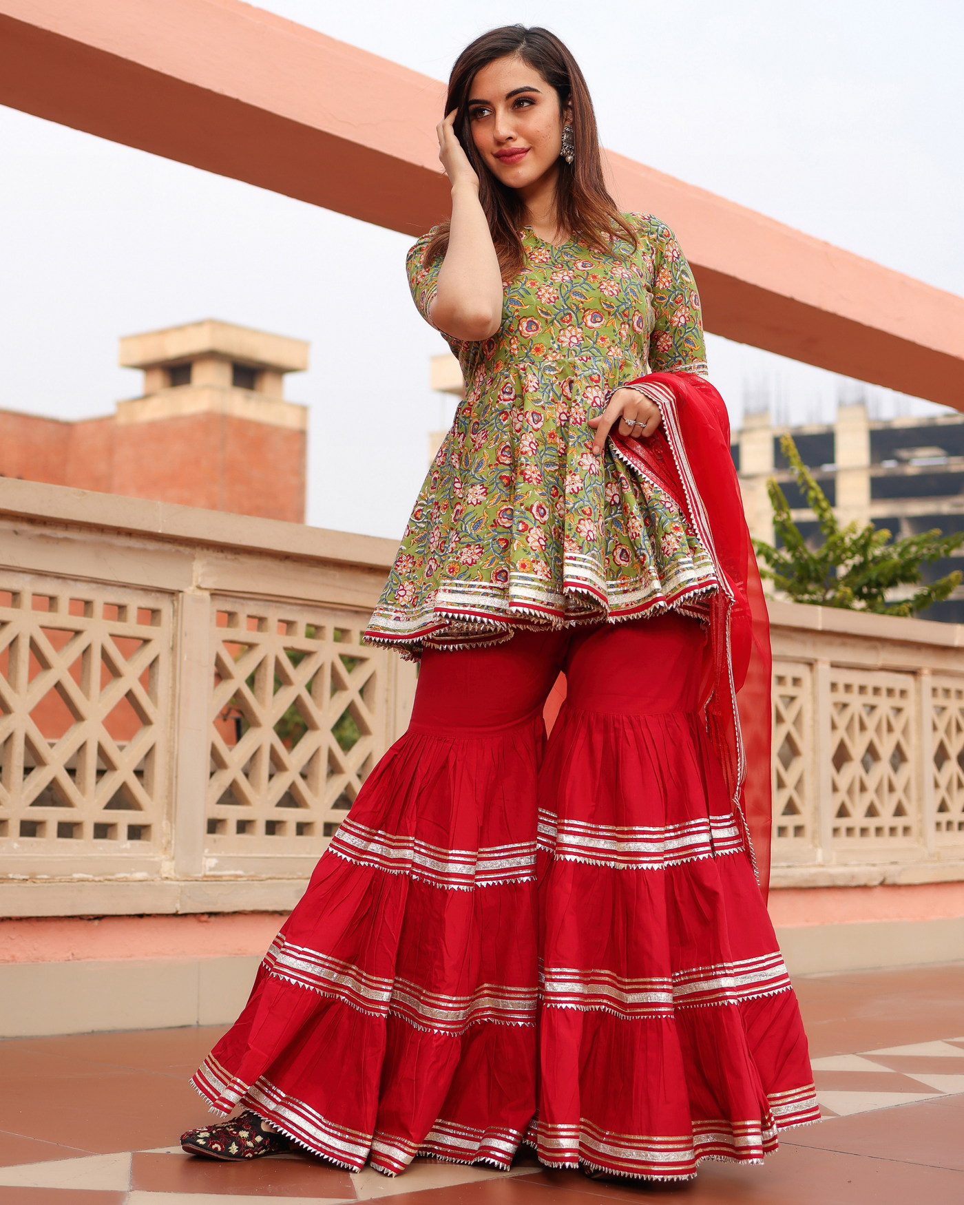 Sward Green Handblock Sharara Set
