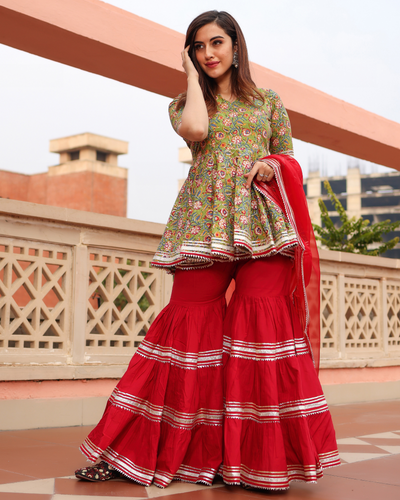 Sward Green Handblock Sharara Set