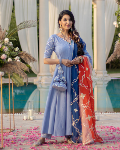 Dusty Blue Gota Suit Set With Gota Potli