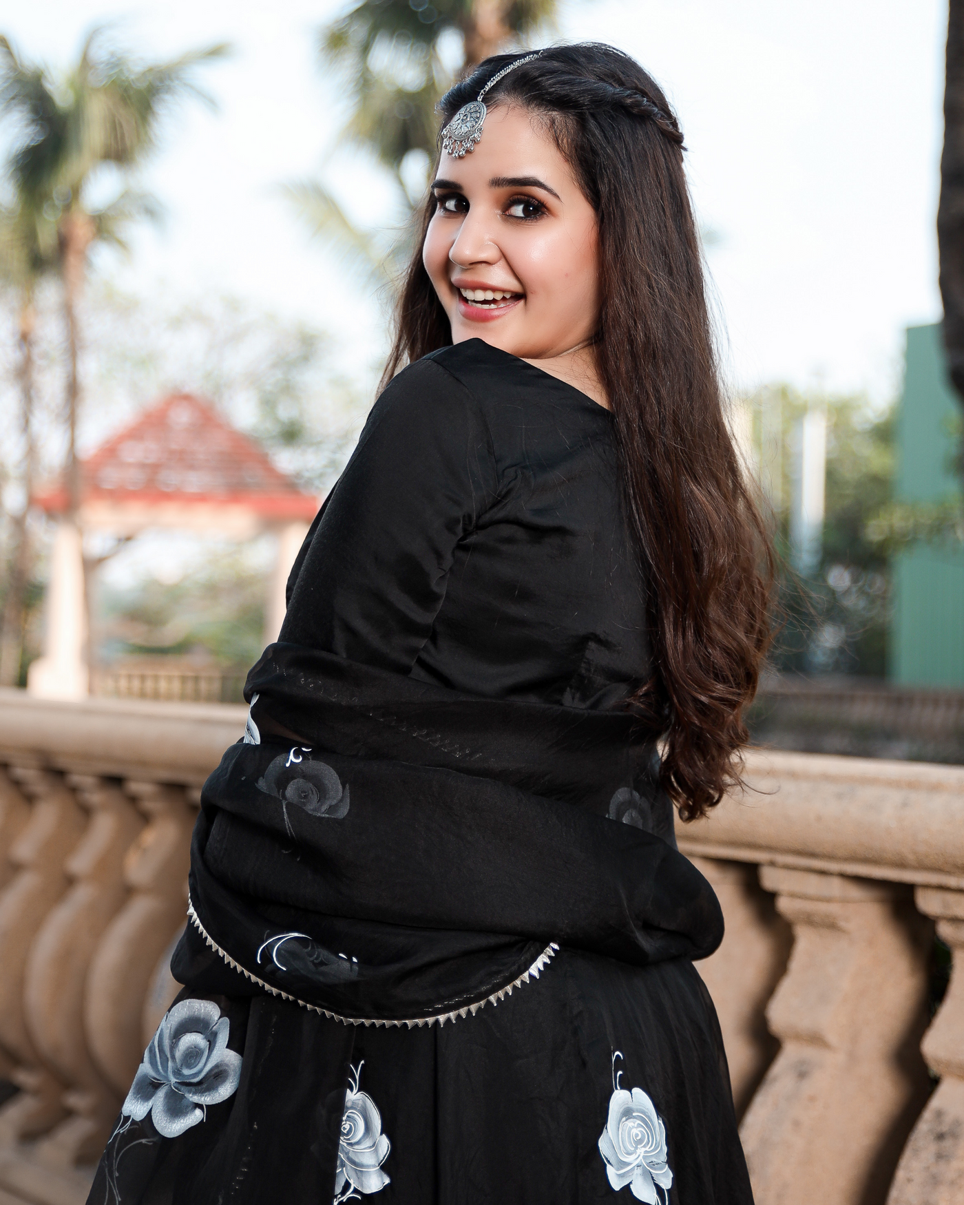 Black Rose Handpainted Pure Organza Lehenga Set