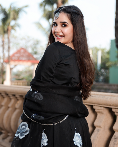 Black Rose Handpainted Pure Organza Lehenga Set