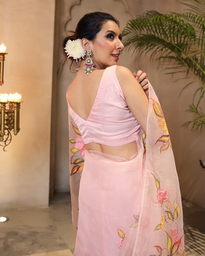 Peach Aura Embellished Handpainted Organza Silk Saree