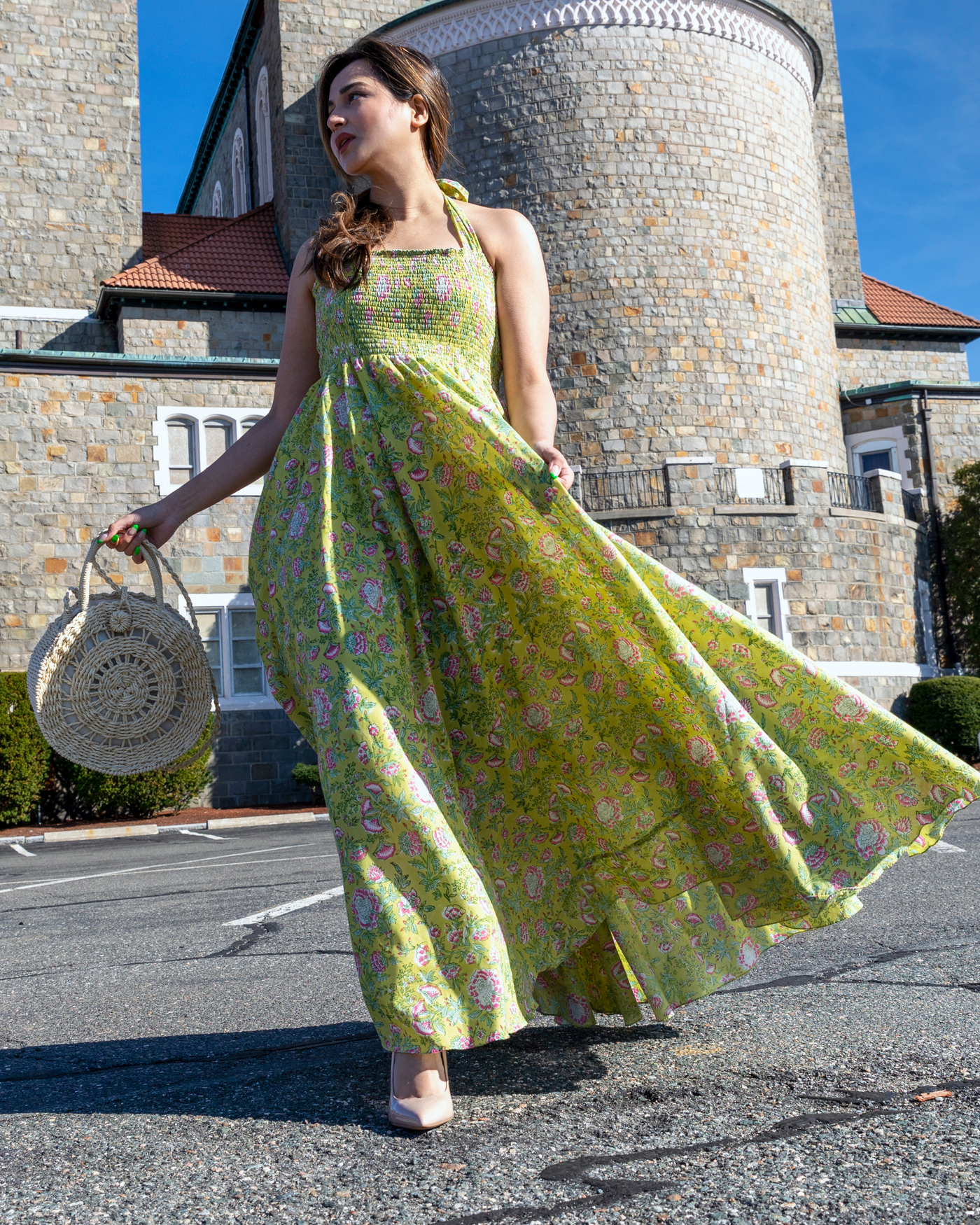 Seaweed Green Smocked Cotton Dress