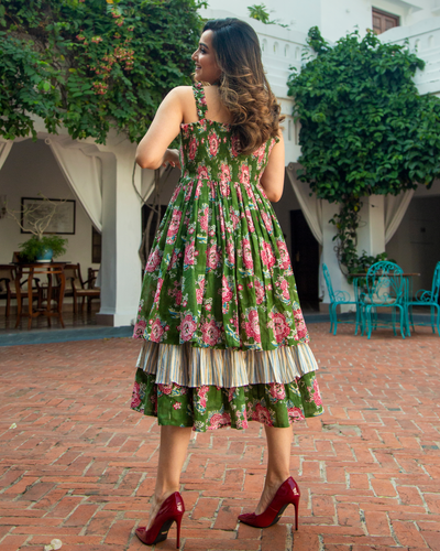 Green Elsa Handblock Cotton Dress