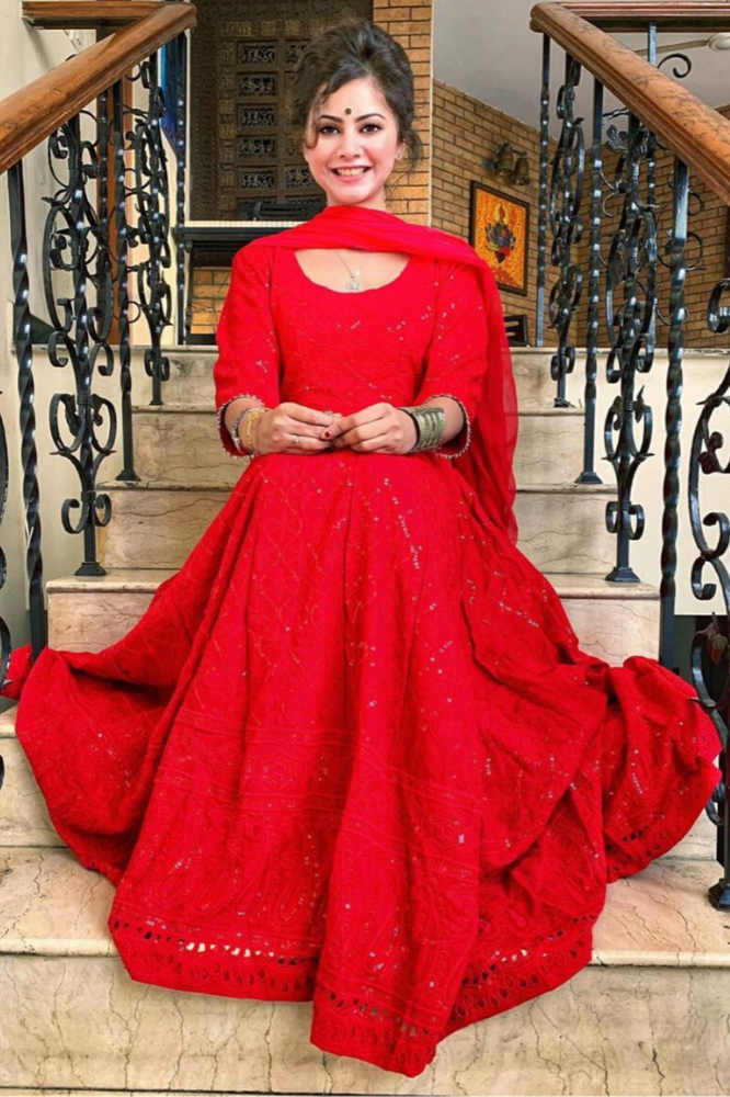 Red Chikankari Anarkali Set