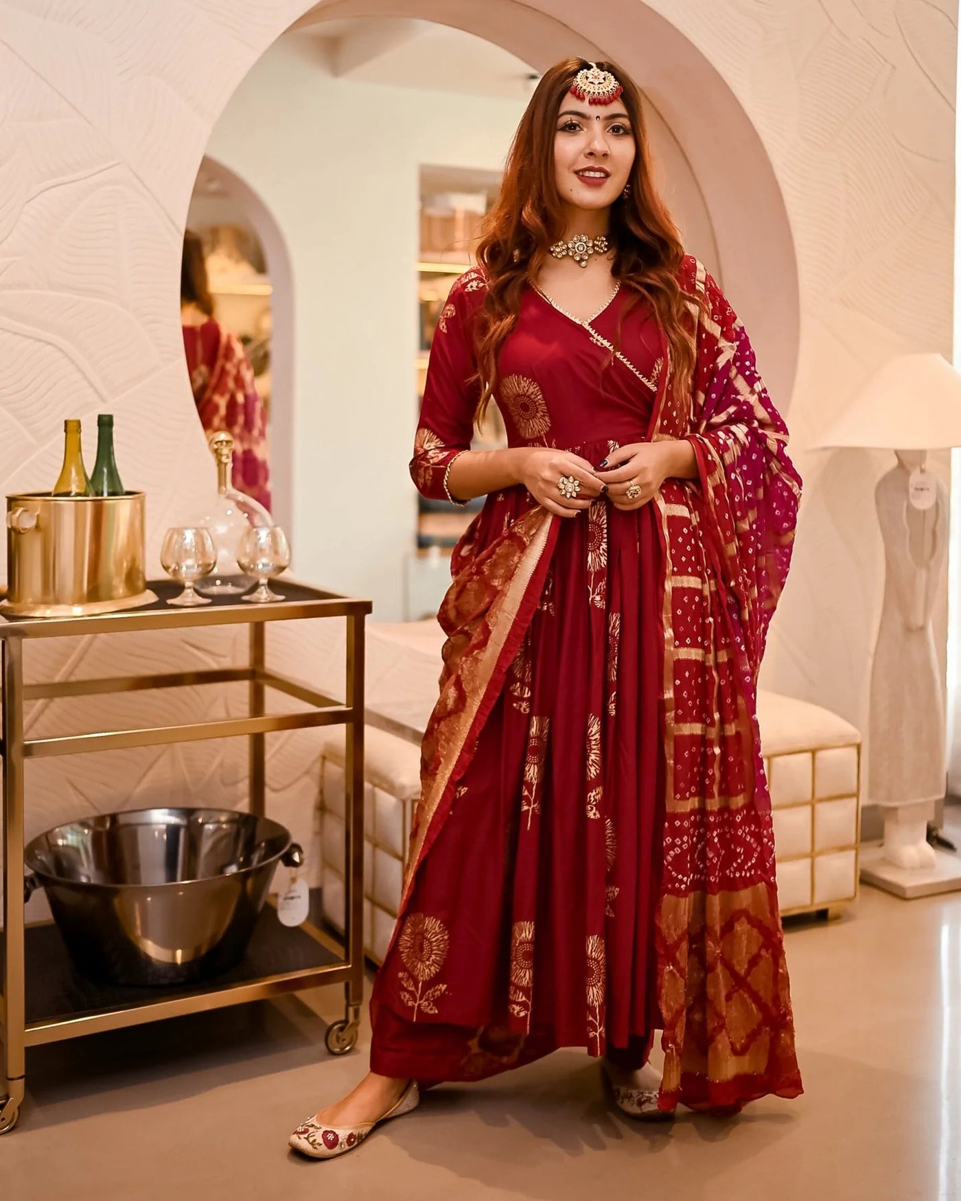 Maroon Angrakha Bandhej Dupatta