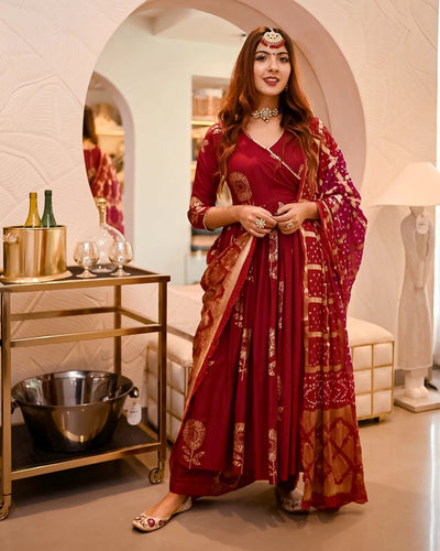 Maroon Angrakha Bandhej Dupatta