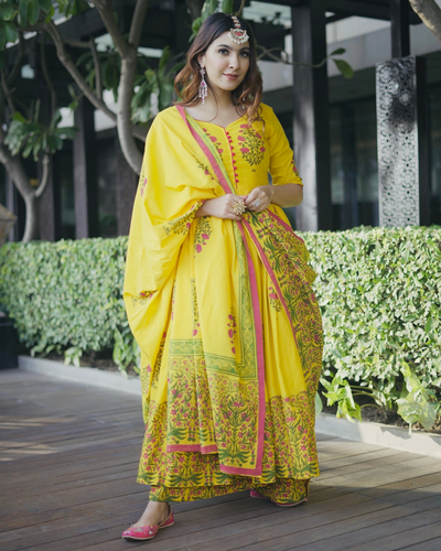 Buy Yellow Mehrab Handblock Cotton Suit Set online in India at Best ...
