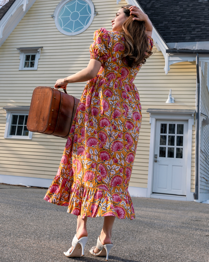 Tangerine Handblock Cotton Dress