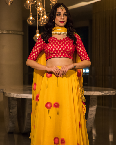 Yellow Organza Handpainted Lehenga Set