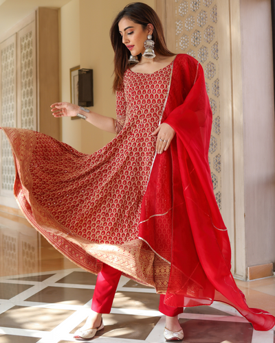 Roasted Red Anarkali Suit Set