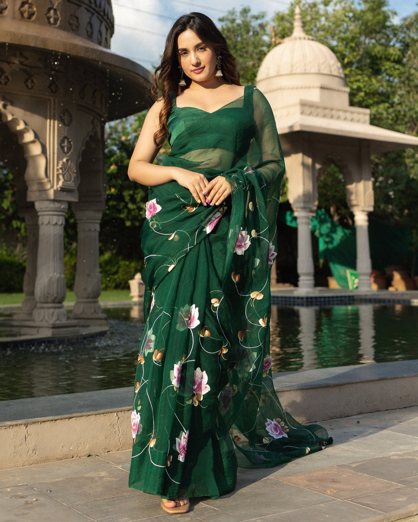 Buy Deep Green Floral Printed Saree In Organza With Cut Dana Butti All Over