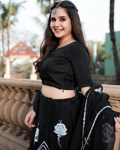 Black Rose Handpainted Pure Organza Lehenga Set