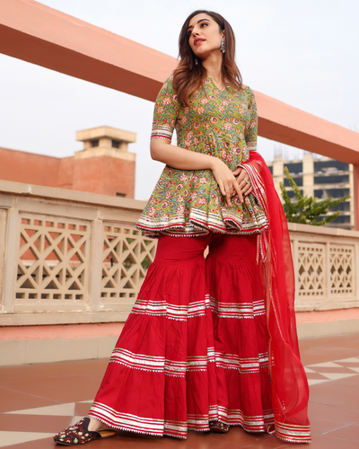 Sward Green Handblock Sharara Set