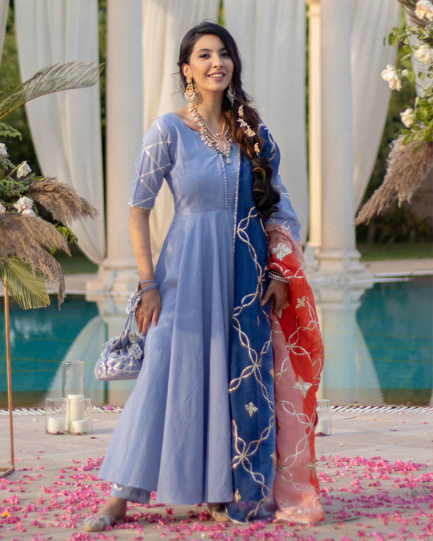 Dusty Blue Gota Suit Set With Gota Potli