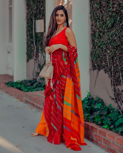 Jester Red Leheriya Pure Chiffon Saree