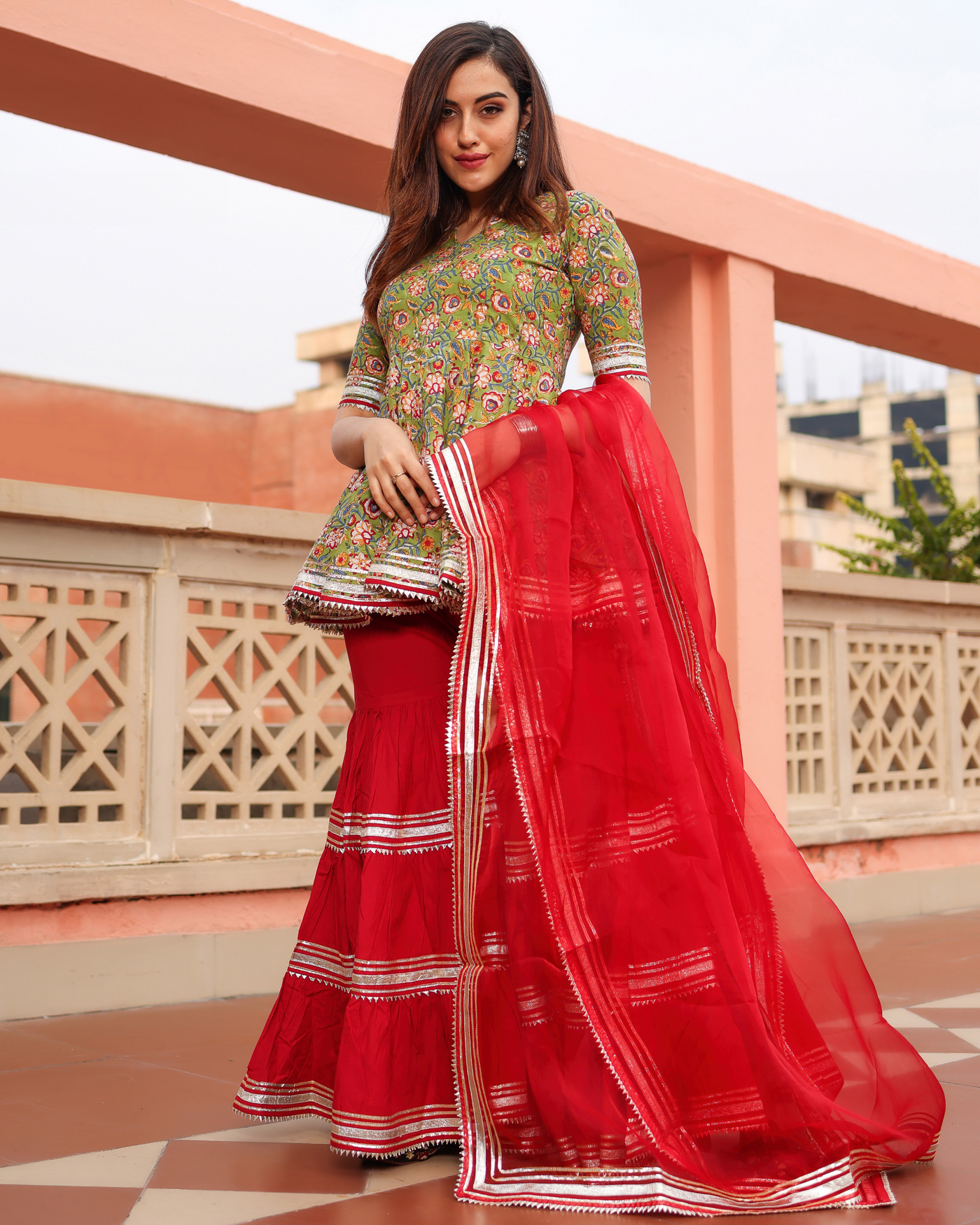 Sward Green Handblock Sharara Set