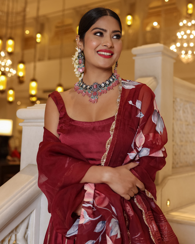 Fired Brick Handpainted Lehenga Set