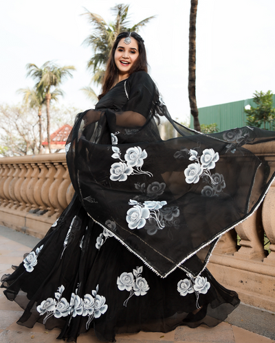 Black Rose Handpainted Pure Organza Lehenga Set