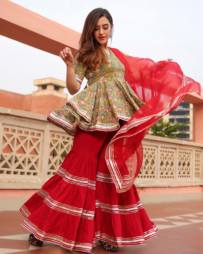 Sward Green Handblock Sharara Set