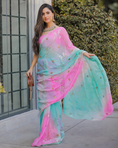 Blueberry Sequin Jaal Pure Chiffon Saree