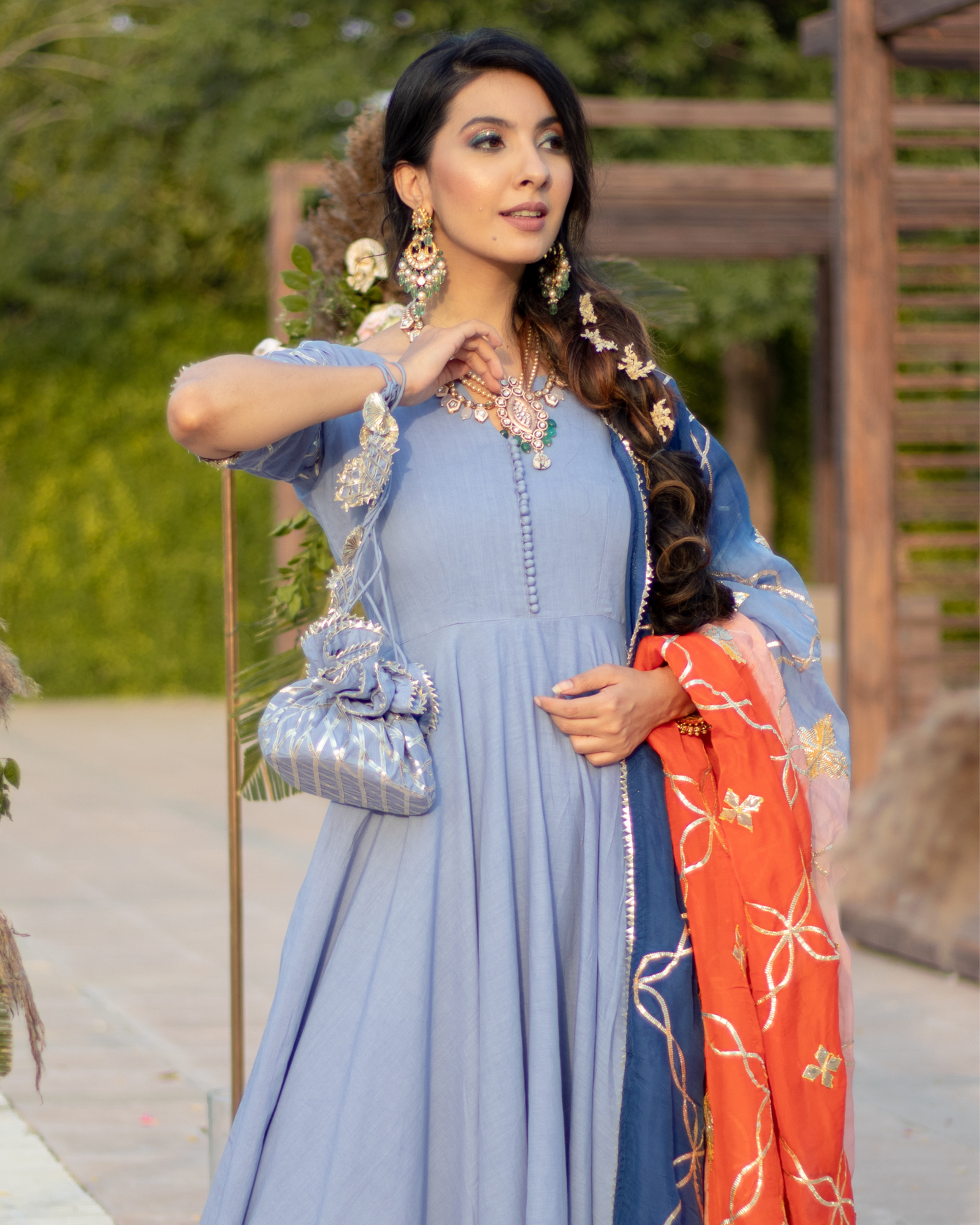 Dusty Blue Gota Suit Set With Gota Potli