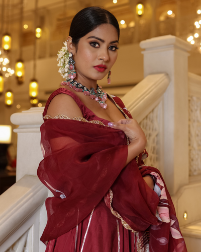 Fired Brick Handpainted Lehenga Set