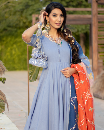 Dusty Blue Gota Suit Set With Gota Potli