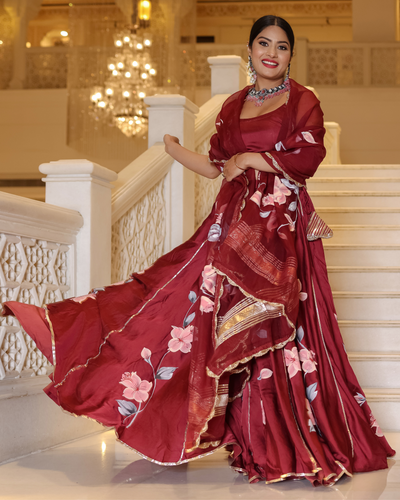 Fired Brick Handpainted Lehenga Set