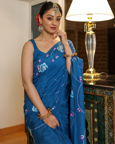 Galaxy Blue Handpainted Silk Saree