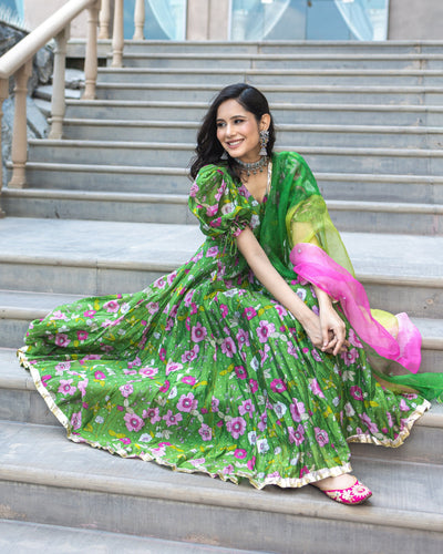 Buy Green Zari Embroidered Chanderi Anarkali Suit - Set of 3 | SC-6779-Green/BIRA3  | The loom