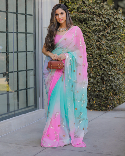 Blueberry Sequin Jaal Pure Chiffon Saree