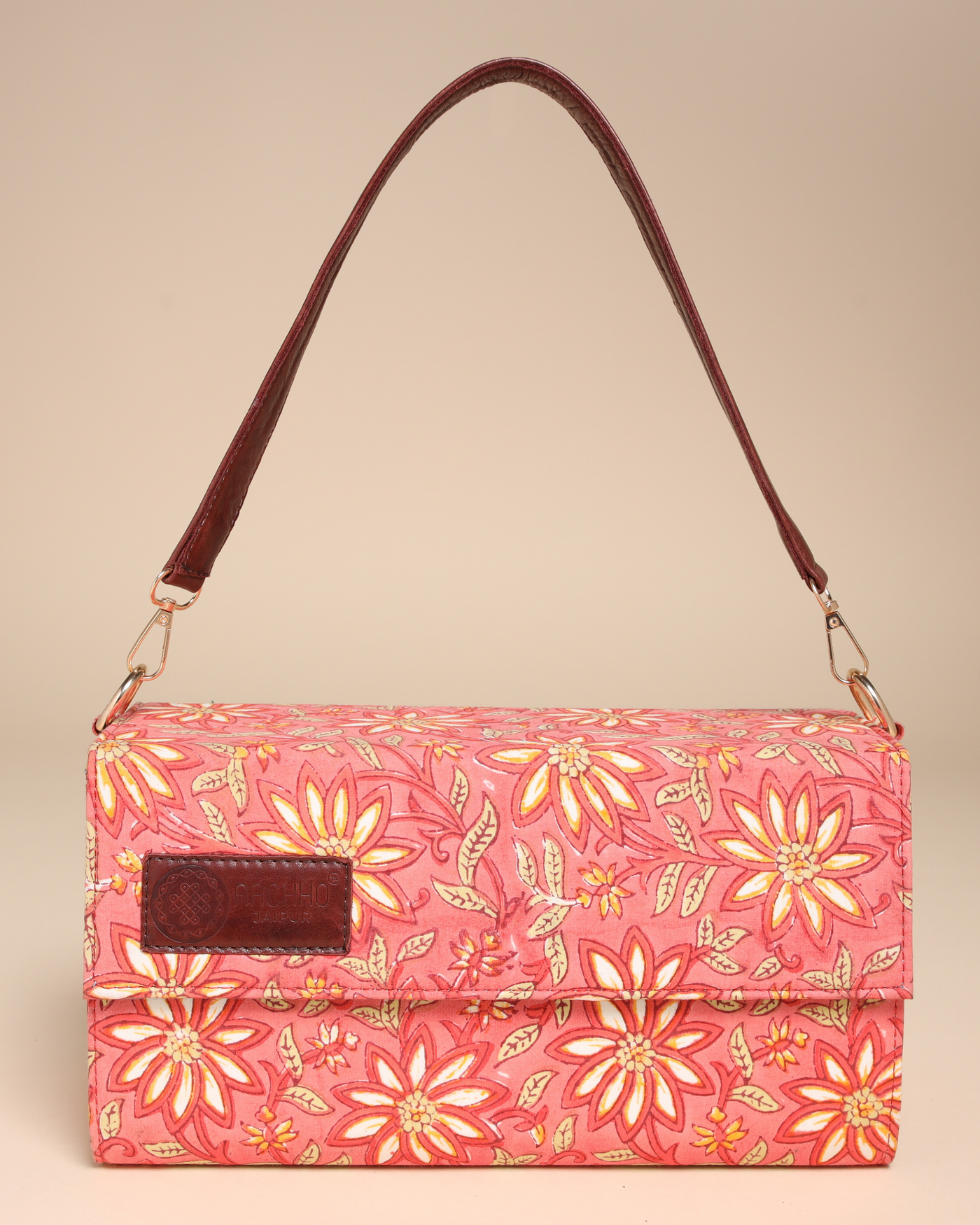 Peach Floral Handblock Printed Satchel Bag
