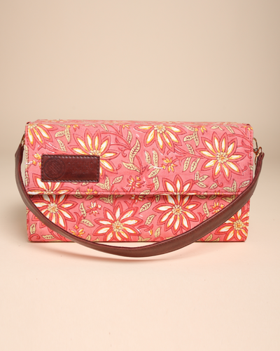 Peach Floral Handblock Printed Satchel Bag