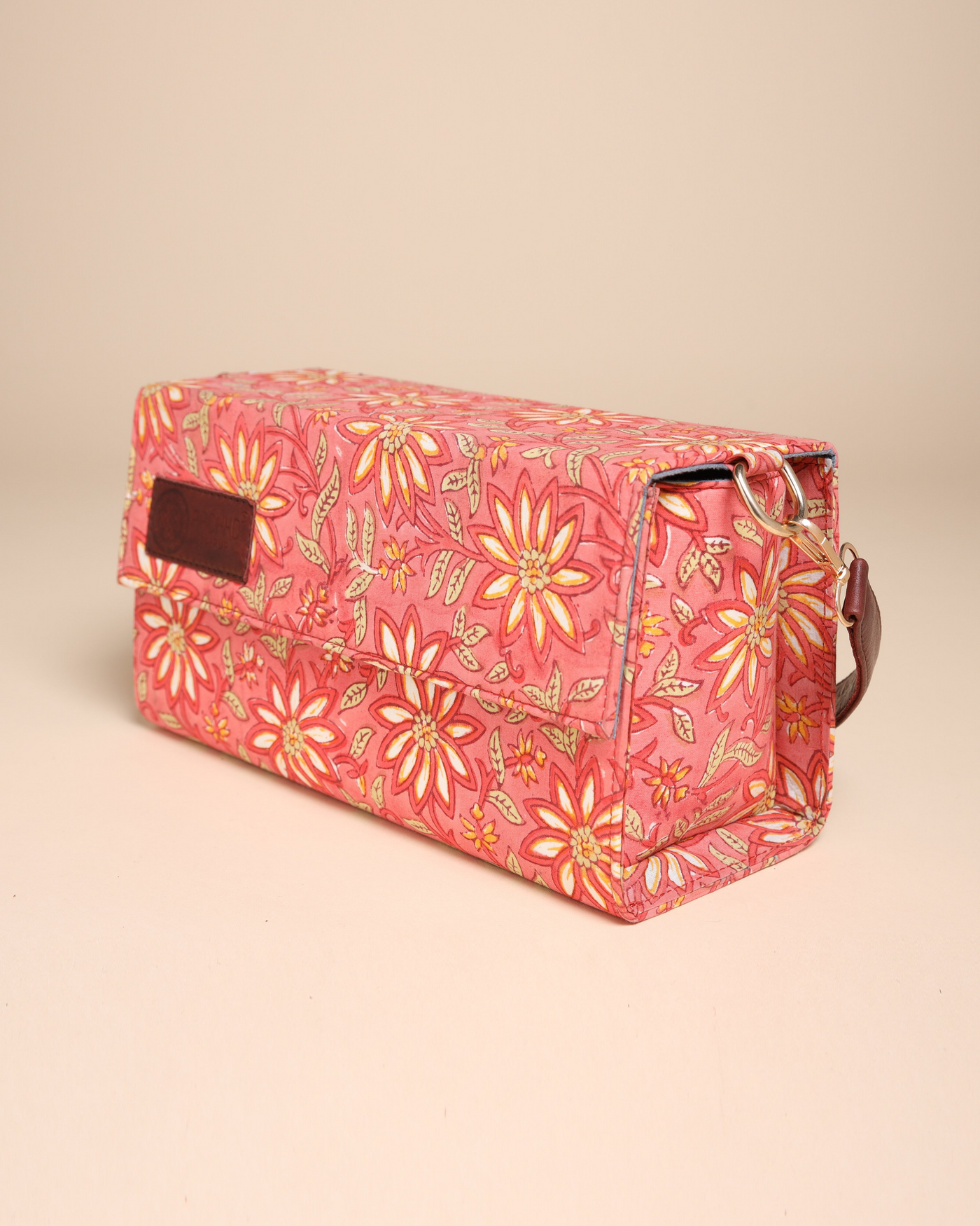 Peach Floral Handblock Printed Satchel Bag