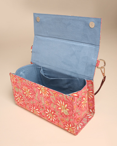 Peach Floral Handblock Printed Satchel Bag