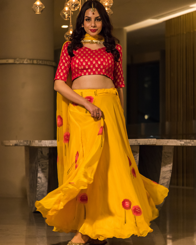 Yellow Organza Handpainted Lehenga Set