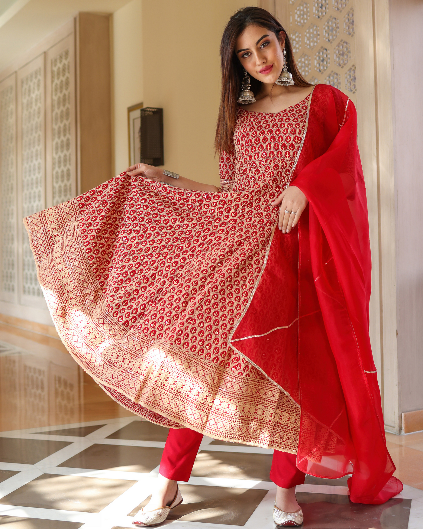 Roasted Red Anarkali Suit Set