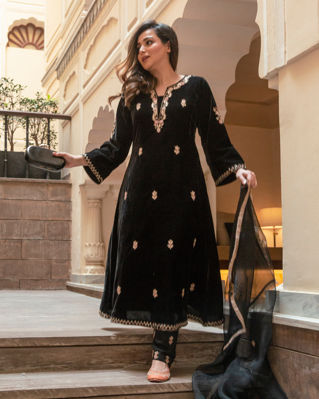 Slate Black Velvet Handcrafted Suit Set