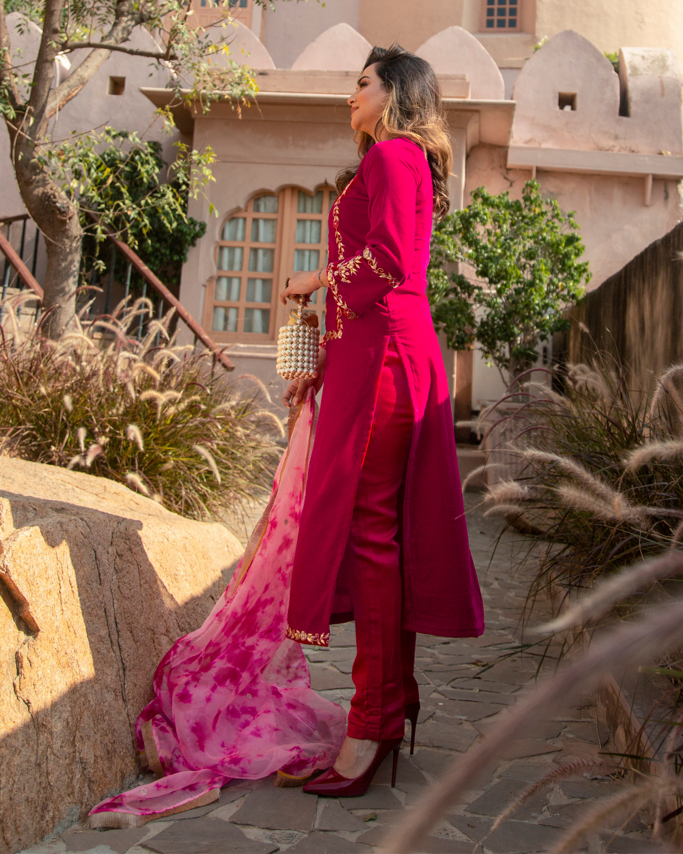 Pink Paradise Velvet Handcrafted Suit Set