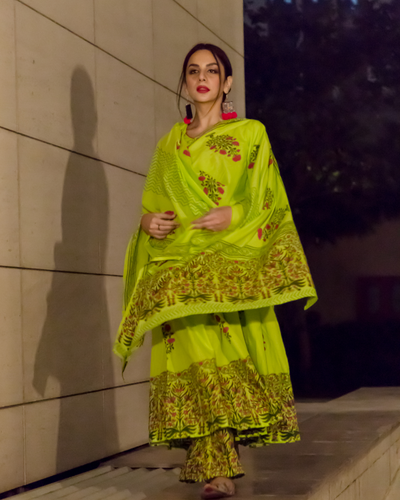 Green Mehrab Handblock Cotton Suit Set