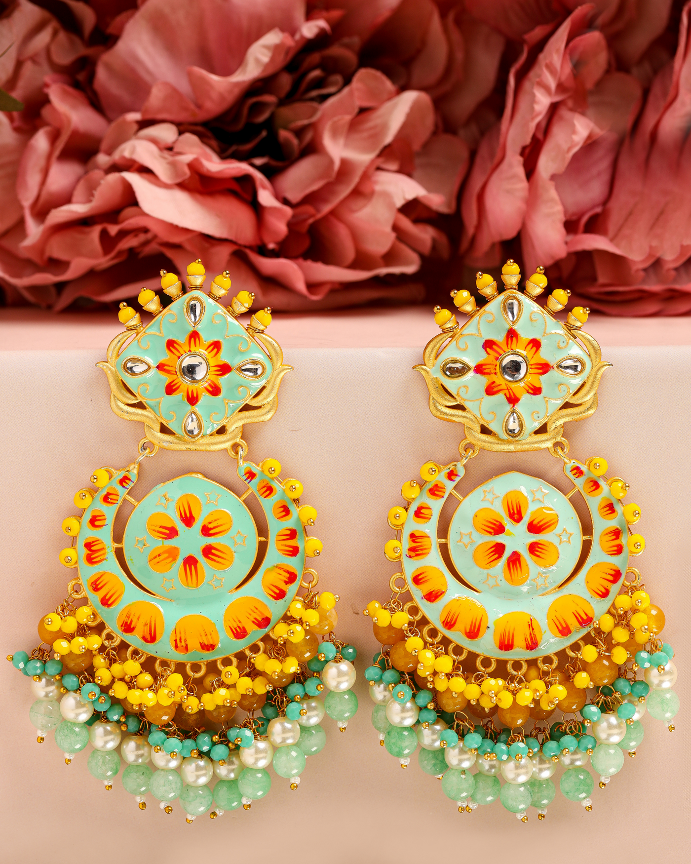 Shop Rubans Gold Plated Handcrafted Kundan Studded Pink And Blue Beaded  Chandbali Earrings Online at Rubans