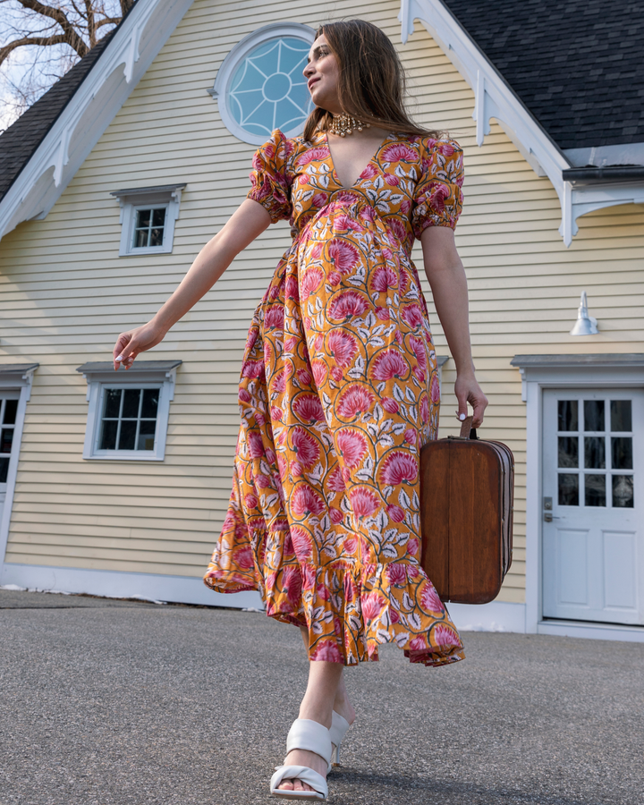 Tangerine Handblock Cotton Dress