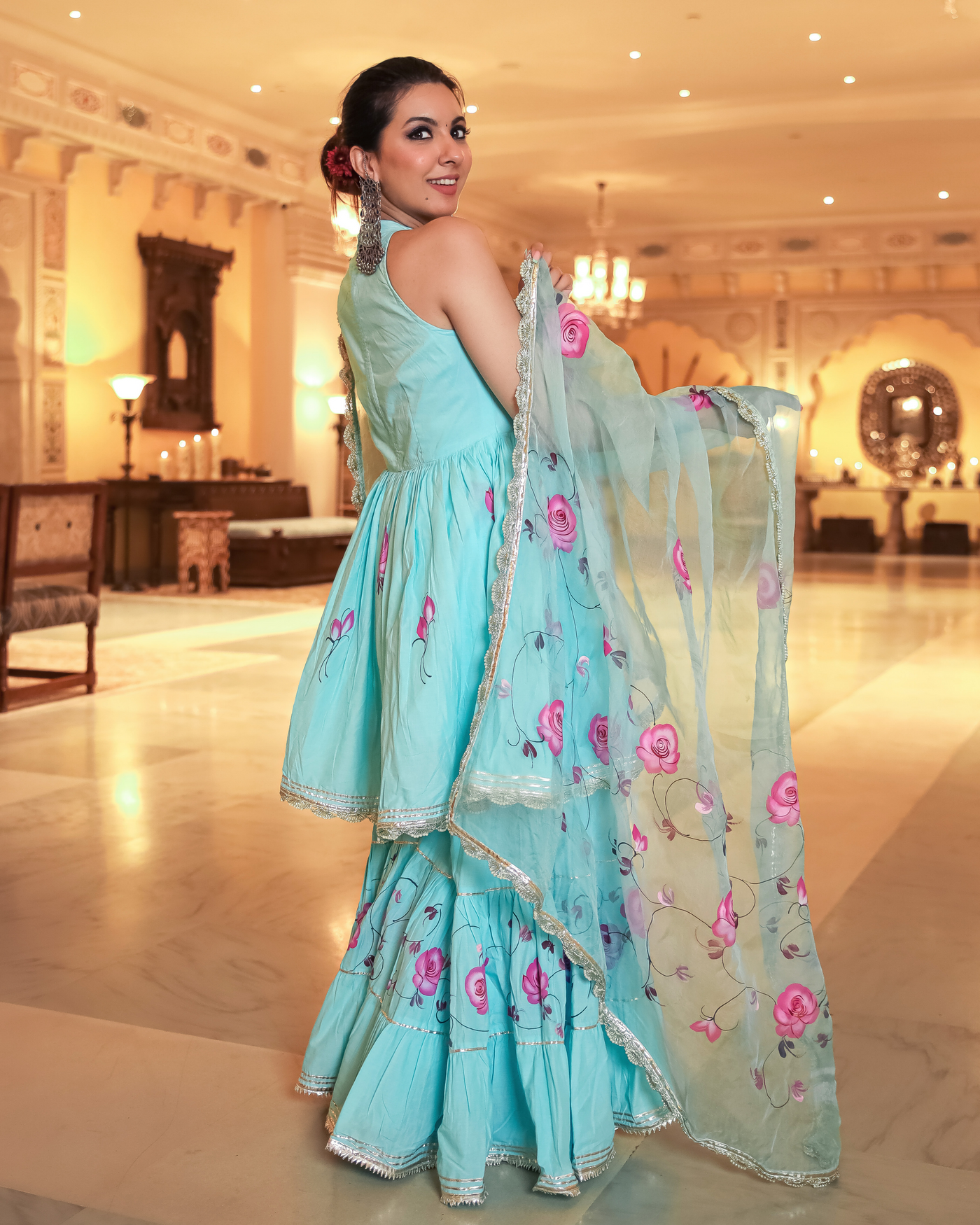 Summer Blue Handpainted Gota Sharara Set