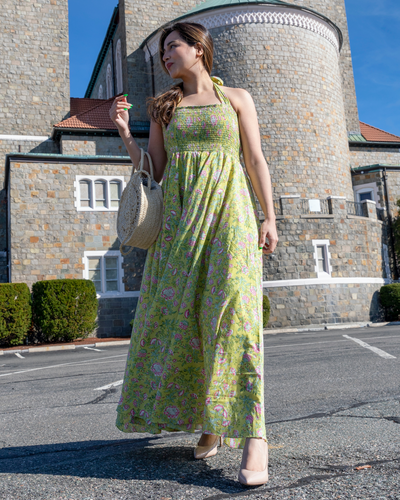 Seaweed Green Smocked Cotton Dress