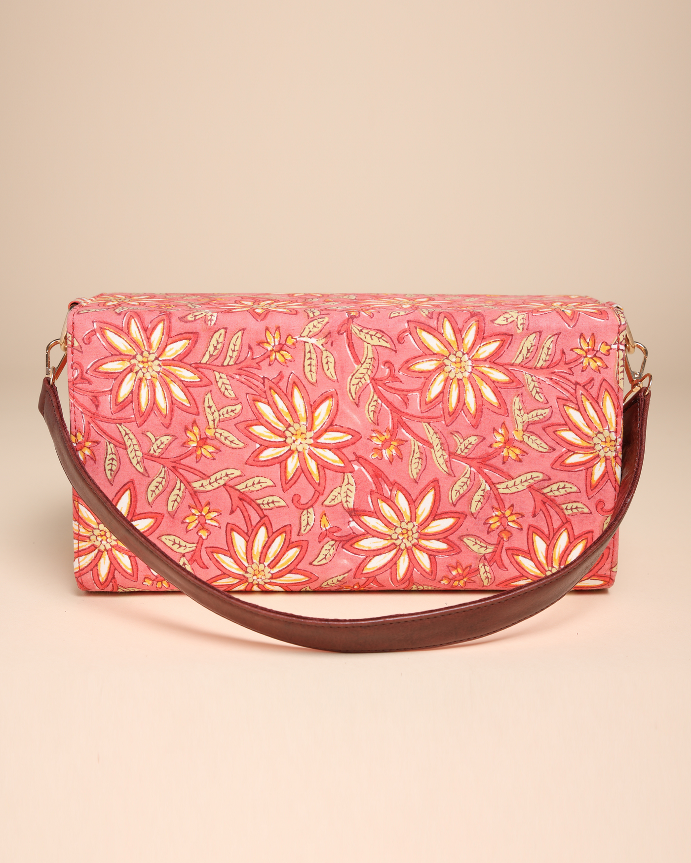 Peach Floral Handblock Printed Satchel Bag