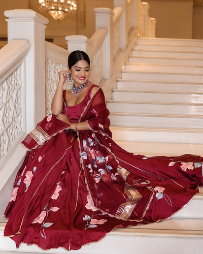 Fired Brick Handpainted Lehenga Set
